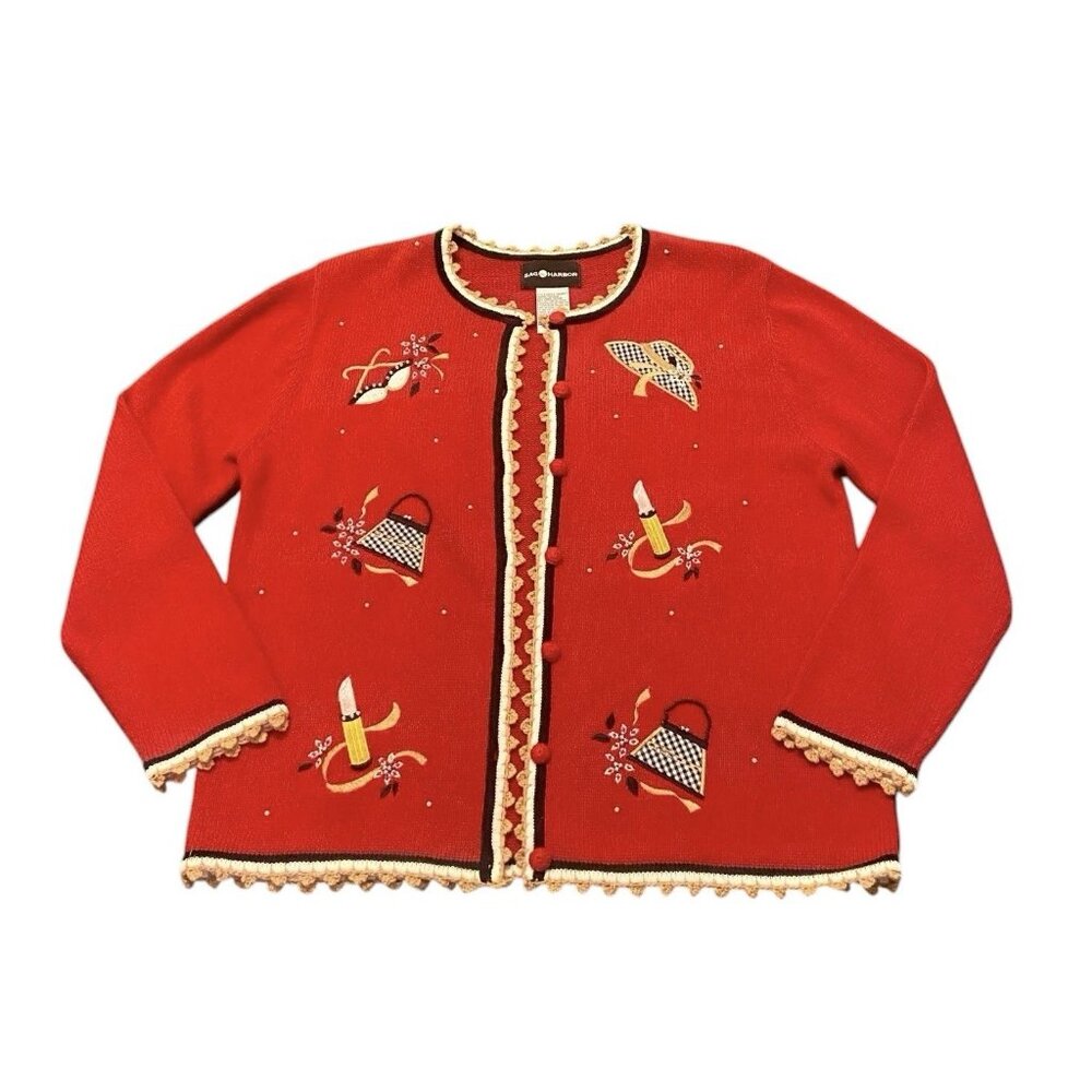 Vtg Sag Harbor Embroidered Cardigan Medium Red‎ Ramie Feminine Novelty Lipstick